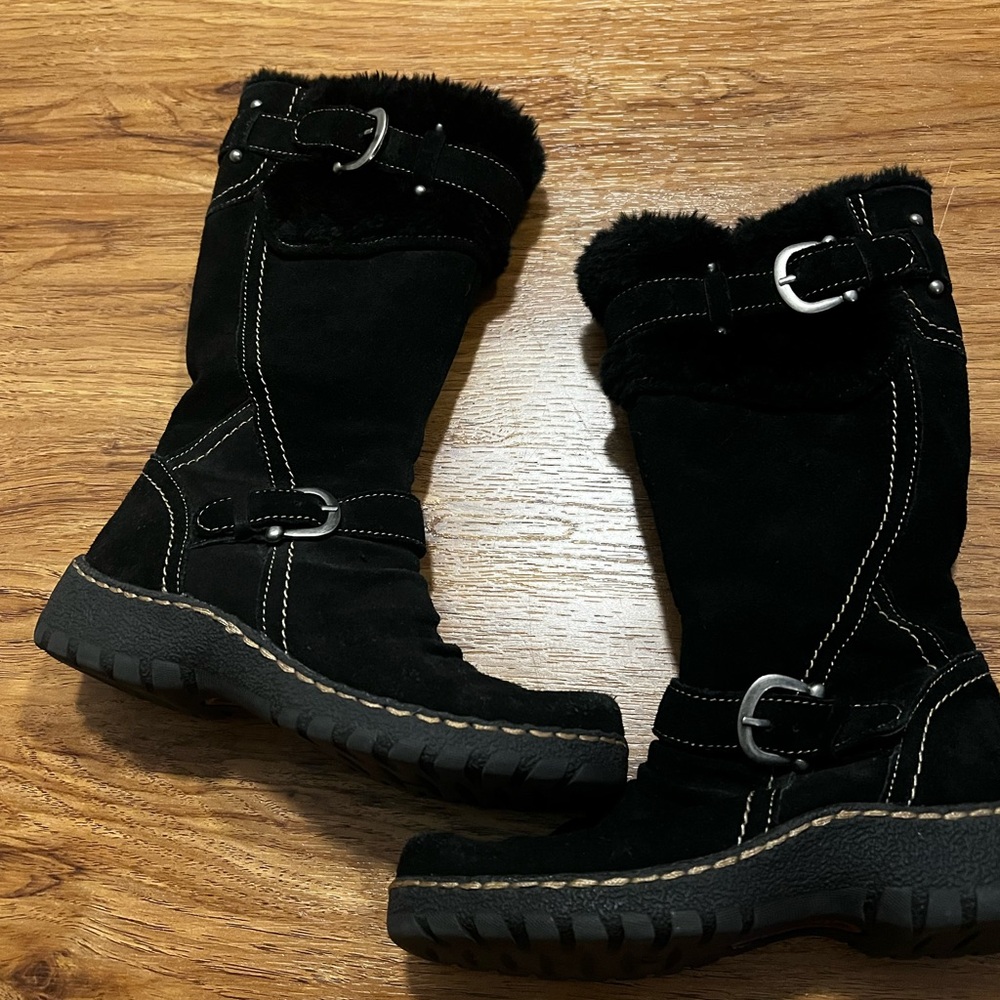 Bare Traps Bakari 6.5 Snow Boots Black Suede Faux Fur Zip Calf Water Resistant